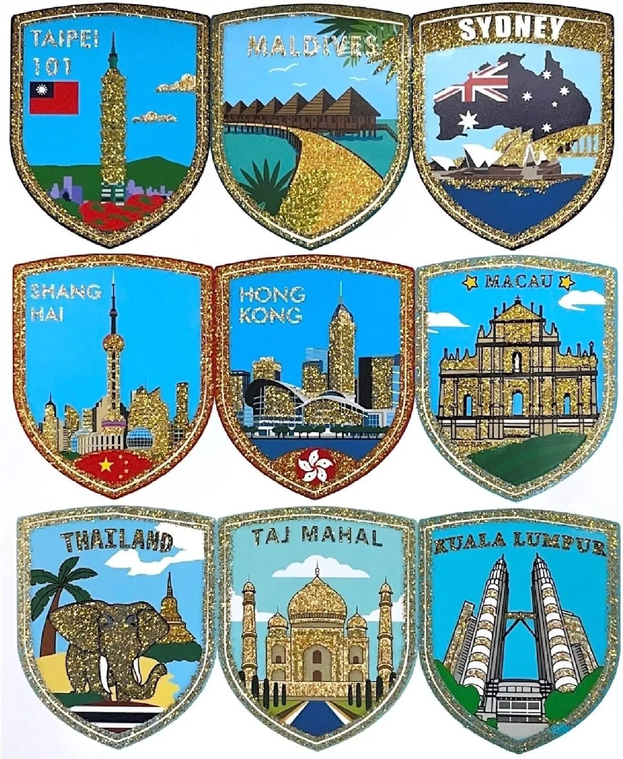 A-ONE Asia-Pacific Famous Buildings Gold Dust Fashion Pasters 9 PCS Angel with Heart Leather Bag Patch 1 PC, Oceania Locker Travel Sticker for Suitcase, Room Decor SG9 NO.280