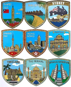 A-ONE Asia-Pacific Famous Buildings Gold Dust Fashion Pasters 9 PCS Angel with Heart Leather Bag Patch 1 PC, Oceania Locker Travel Sticker for Suitcase, Room Decor SG9 NO.280