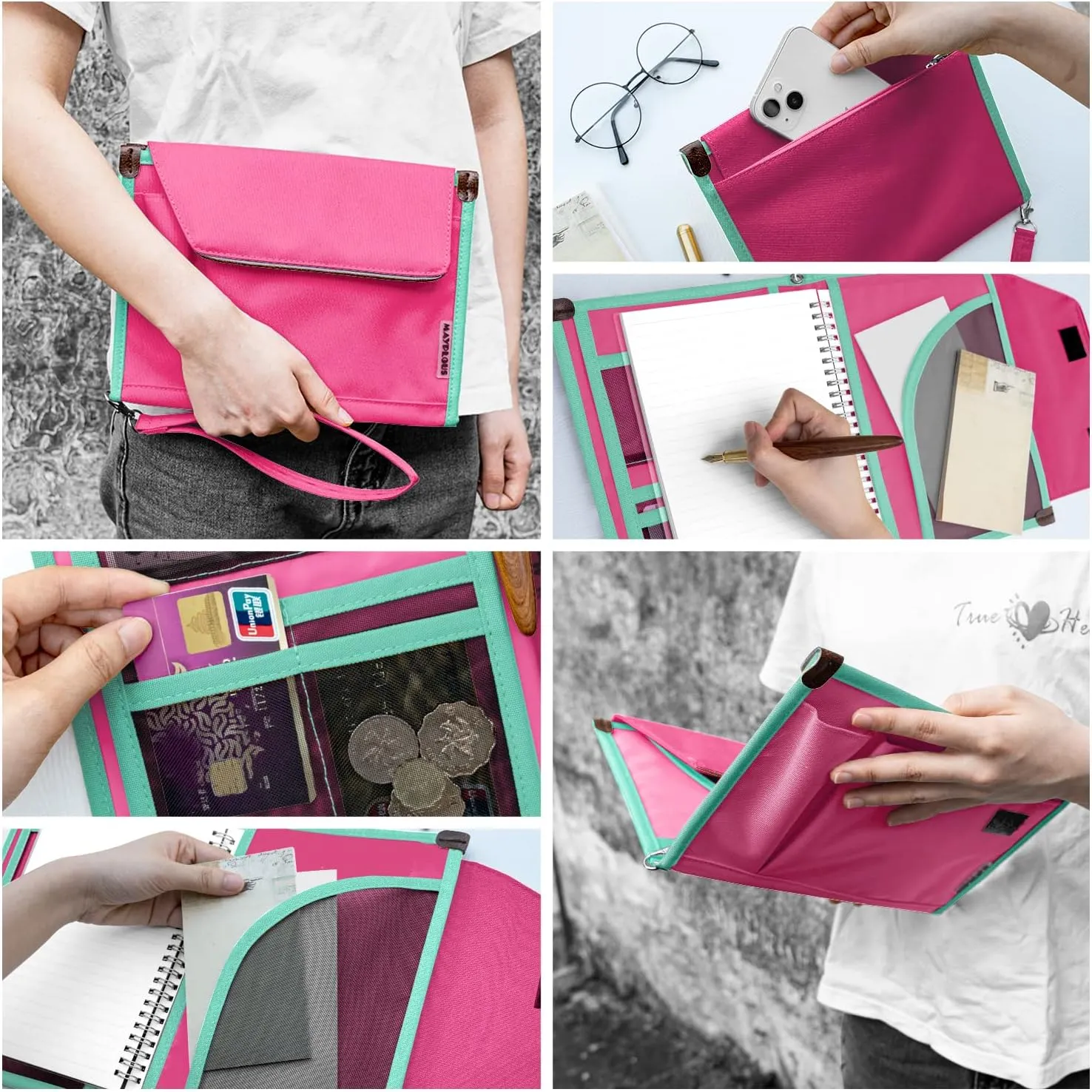 A5 Conference Folder Business Organiser Bag Notepad Carrying Case Document Case A5 Portfolio Organiser Portfolio Binder with Zip (Rose Red)