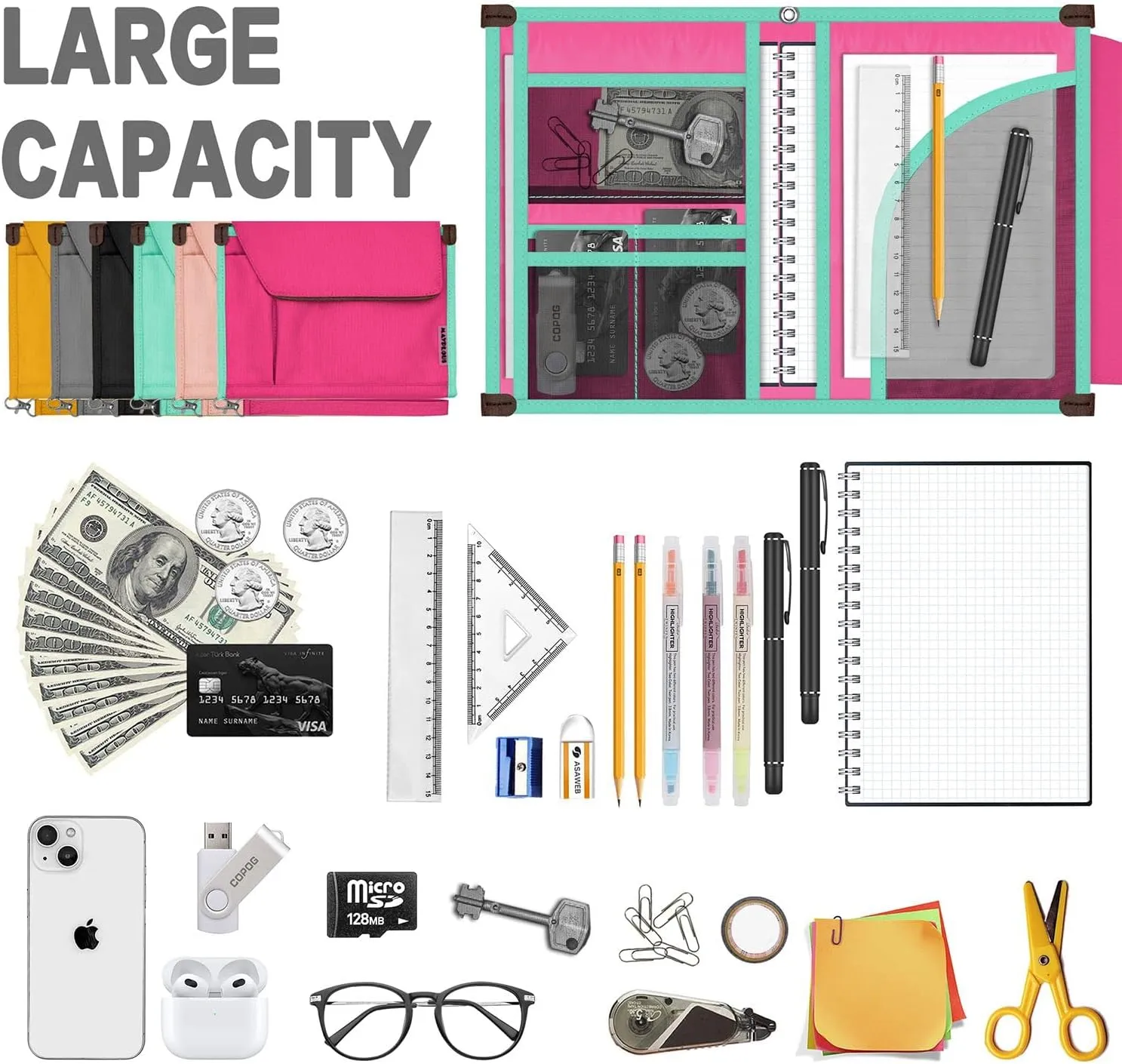 A5 Conference Folder Business Organiser Bag Notepad Carrying Case Document Case A5 Portfolio Organiser Portfolio Binder with Zip (Rose Red)
