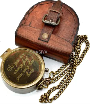 AASIYA Brass Chain Compass with Leather Case for Hiking Outdoor Activities Compass So You Can Always Find Way Back Home Quote Engraved Camping Pocket Compass Nautical Vintage Navigation Compass