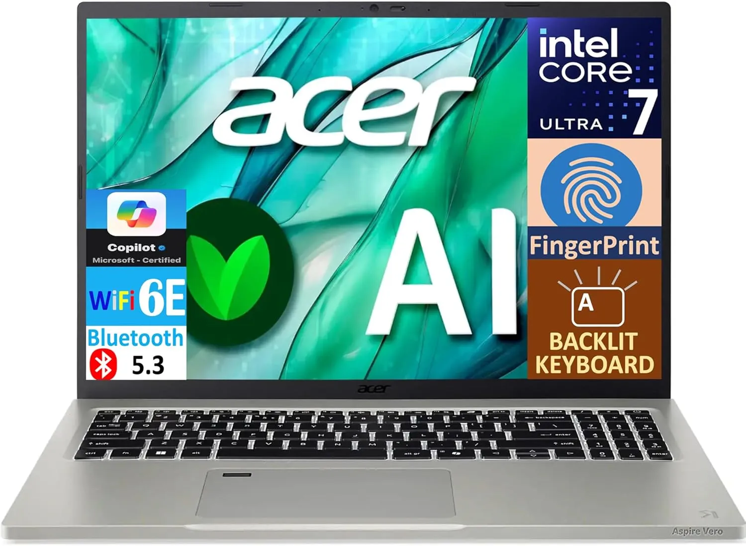 acer Aspire Vero 16 AI Powered Laptop 16.0" IPS WQXGA (> 2K) Display (Intel Core Ultra 7 155U, 16GB LPDDR5X, 512GB SSD, Intel Graphics, Backlit KB, Fingerprint, Win 11 Home) w/DKZ USB Port Expander