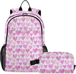 Aflyko Kid Backpack with Lunch Box Pinks Watercolor Heart Romance Back to School Bookbag for Boys Girls Primary Daycare Daypack Laptop Pack Hiking Camping Travel