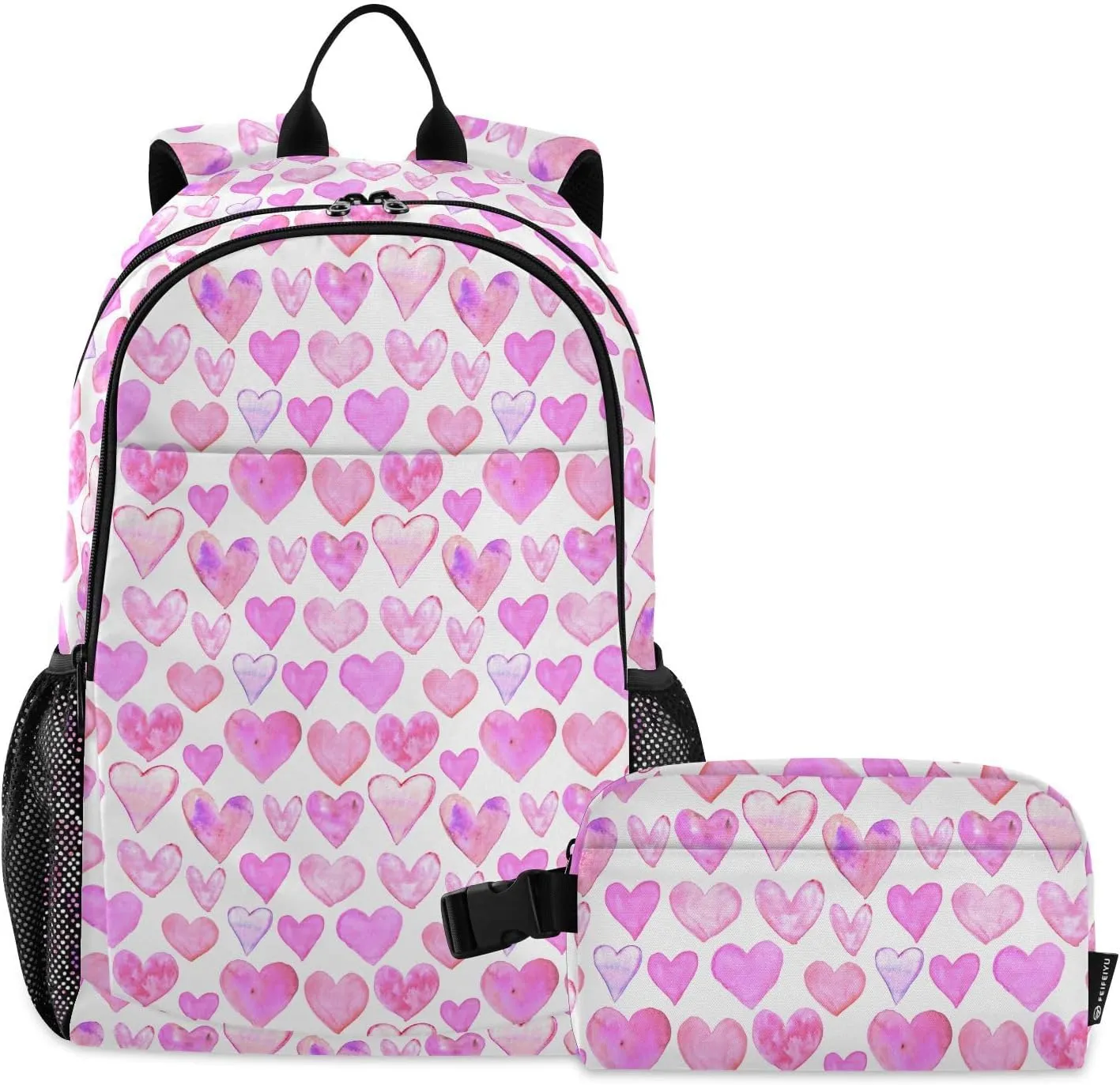 Aflyko Kid Backpack with Lunch Box Pinks Watercolor Heart Romance Back to School Bookbag for Boys Girls Primary Daycare Daypack Laptop Pack Hiking Camping Travel