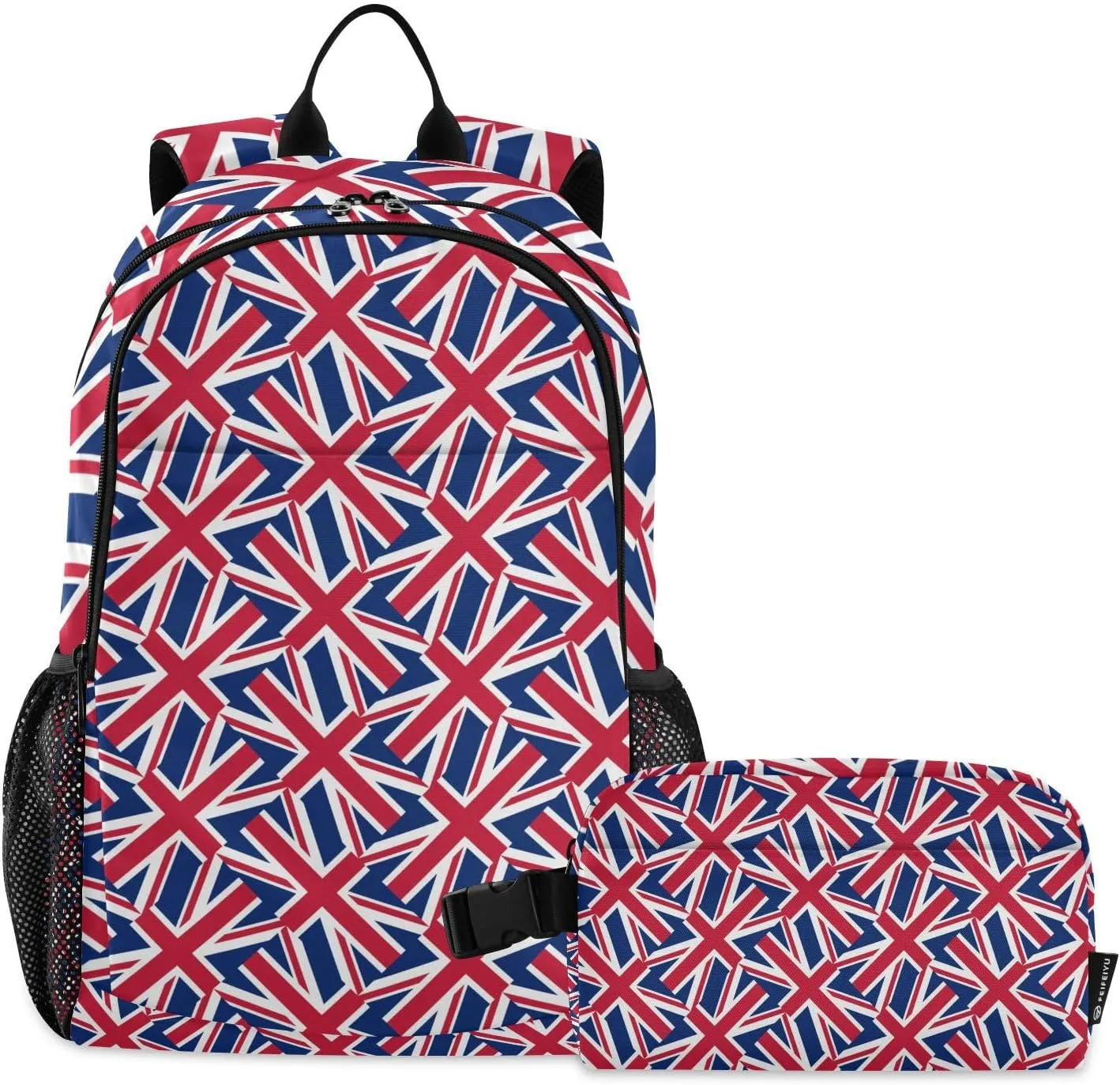 Aflyko Patriot Kid Backpack with Lunch Box Set for Boys Girls United Kingdom Flag Pattern Back to School Bookbag Primary Daycare Daypack Laptop Pack Hiking Camping Travel