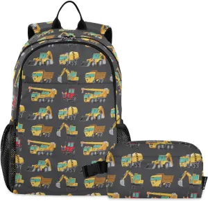 Aflyko Vehicle Kid Backpack with Lunch Box Set for Boys Girls Excavators Loader Truck Construction Back to School Bookbag Primary Daycare Daypack Laptop Pack Hiking Camping Travel