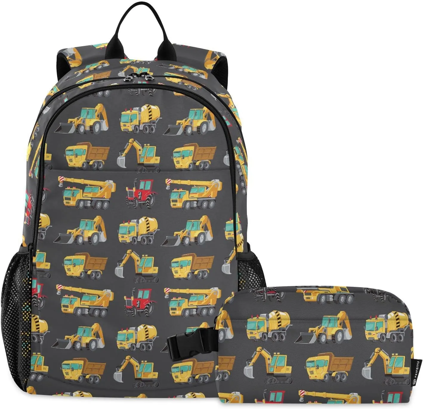 Aflyko Vehicle Kid Backpack with Lunch Box Set for Boys Girls Excavators Loader Truck Construction Back to School Bookbag Primary Daycare Daypack Laptop Pack Hiking Camping Travel