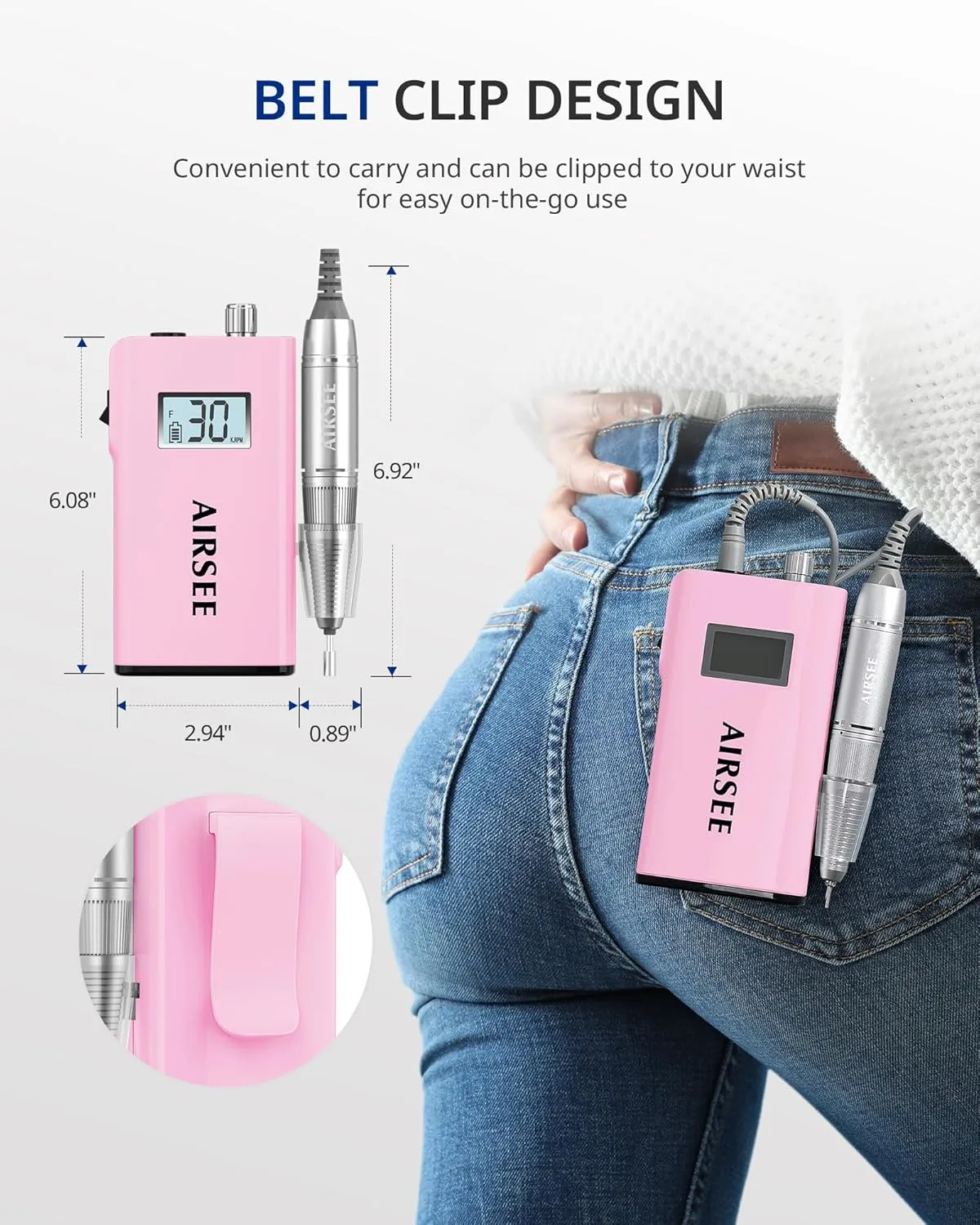 AIRSEE Rechargeable 30000RPM Electric Nail Drill Professional Portable E File Machine for Acrylic Nail Natural Extension Gel Nails Polish Cuticle, Cordless High Speed for Salon Home Use E8 Pink