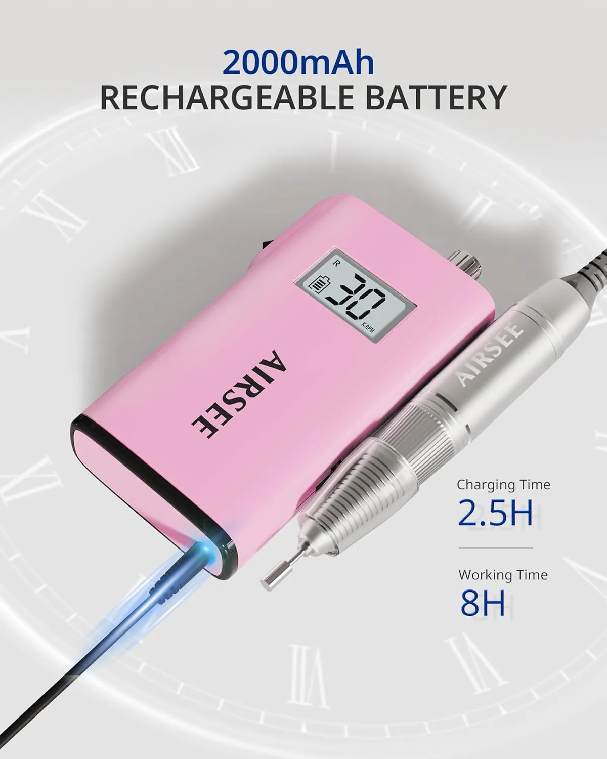 AIRSEE Rechargeable 30000RPM Electric Nail Drill Professional Portable E File Machine for Acrylic Nail Natural Extension Gel Nails Polish Cuticle, Cordless High Speed for Salon Home Use E8 Pink