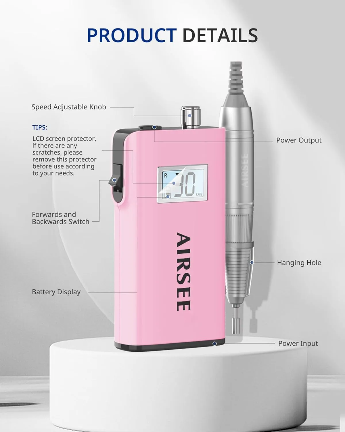 AIRSEE Rechargeable 30000RPM Electric Nail Drill Professional Portable E File Machine for Acrylic Nail Natural Extension Gel Nails Polish Cuticle, Cordless High Speed for Salon Home Use E8 Pink