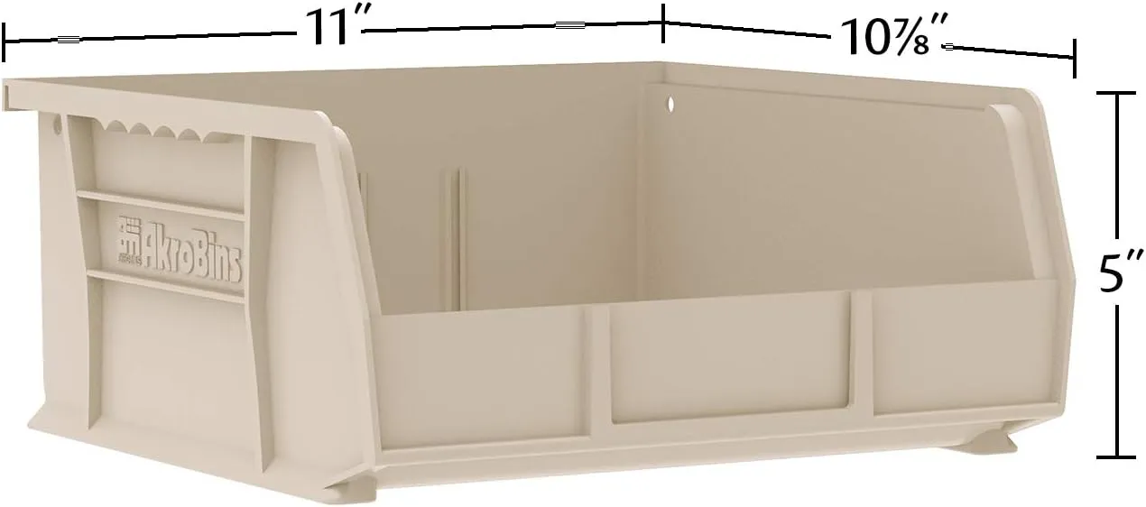 Akro-Mils 30235 AkroBins Plastic Storage Bins, Space-Saving Stackable Bins for Garage, Pantry, Craft Organization, 11-Inch x 11-Inch x 5-Inch, Stone, 6-Pack