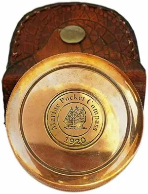 ALFAMART HT Vintage Brass Compass with Engraved Lid and Handcrafted Leather Case – 4 Inch Collectible Navigation Tool