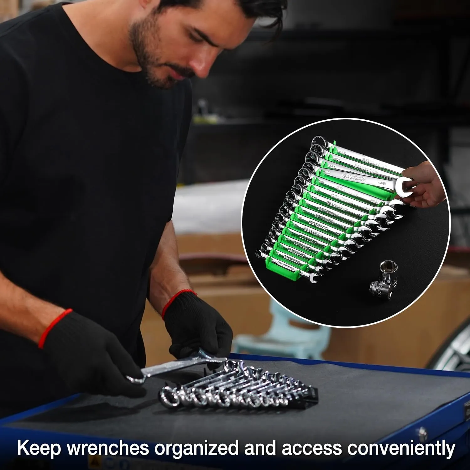 ALOANES 96-Slot ABS Plastic Wrench Organizer, Standard Hanging Wrench Organizer for Tool Box and Wall, Fit SAE & Metric Wrench Storage, 6 Pack Lightweight Wrench Holder(Green)