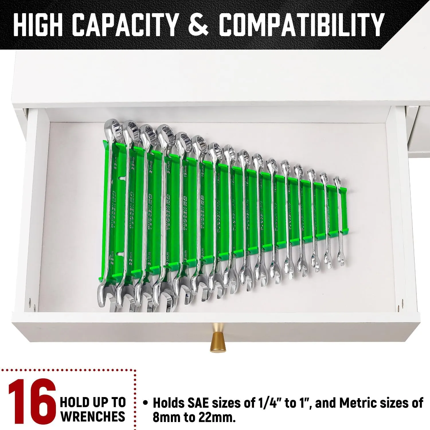 ALOANES 96-Slot ABS Plastic Wrench Organizer, Standard Hanging Wrench Organizer for Tool Box and Wall, Fit SAE & Metric Wrench Storage, 6 Pack Lightweight Wrench Holder(Green)