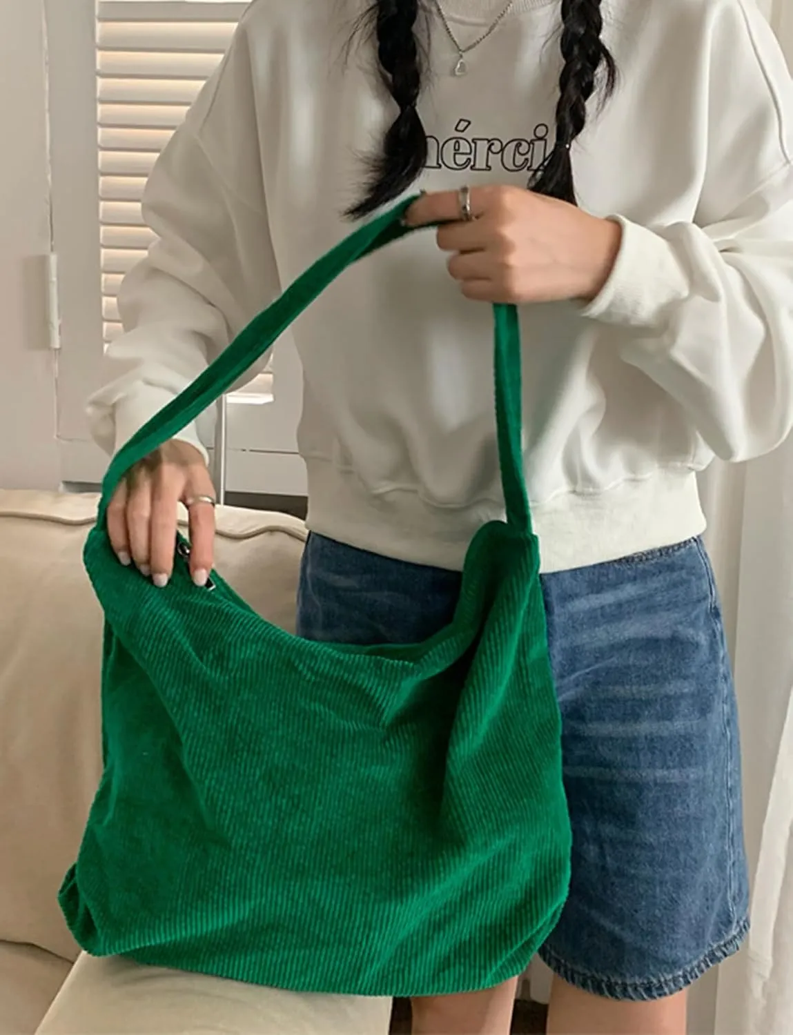 ALUWU Corduroy Tote Bag for Women Girl Canvas Shoulder Handbags Cute Large Purse