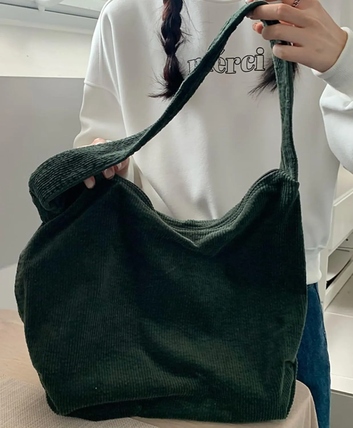 ALUWU Corduroy Tote Bag for Women Girl Canvas Shoulder Handbags Cute Large Purse