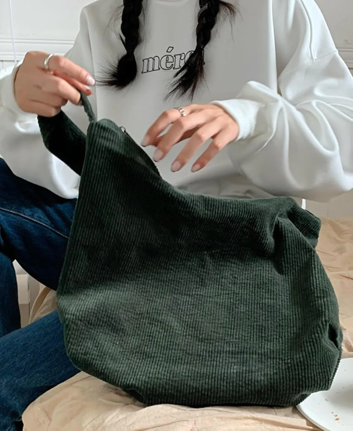 ALUWU Corduroy Tote Bag for Women Girl Canvas Shoulder Handbags Cute Large Purse