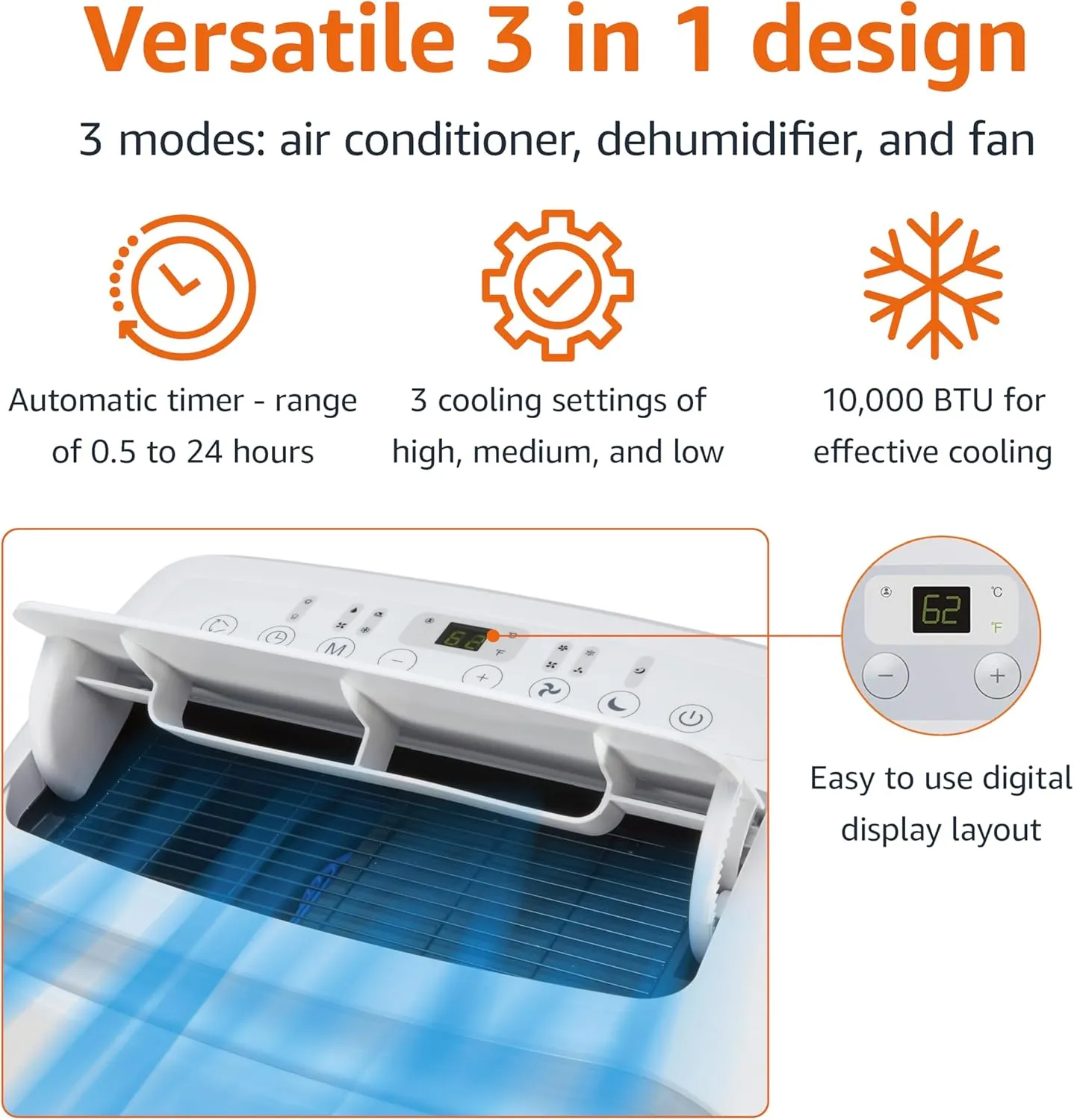 Amazon Basics Portable Air Conditioner with Remote, Easy Installation, AC Unit for Bedrooms, Cools 450 Sq Ft, 10,000 BTU ASHARE / 6000 BTU SACC, White