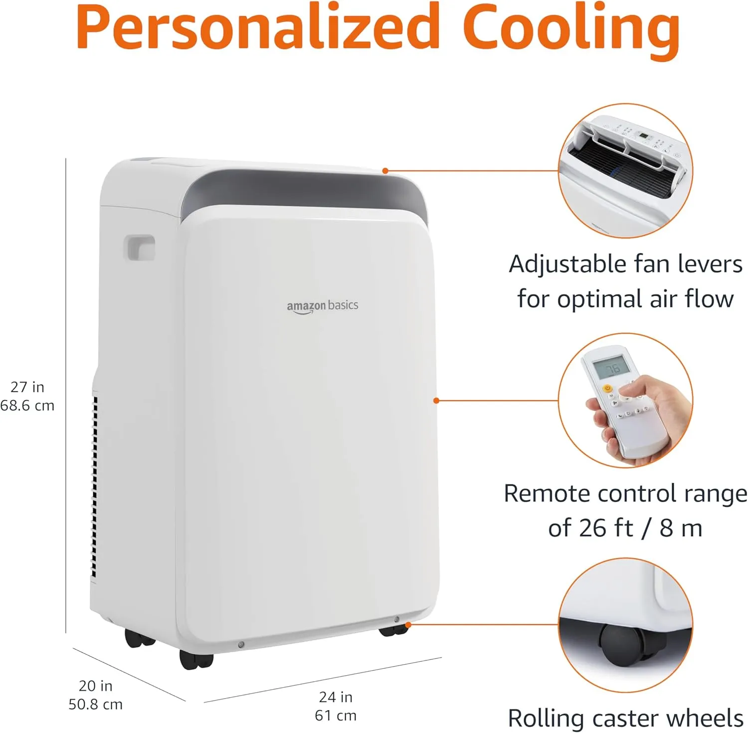 Amazon Basics Portable Air Conditioner with Remote, Easy Installation, AC Unit for Bedrooms, Cools 450 Sq Ft, 10,000 BTU ASHARE / 6000 BTU SACC, White