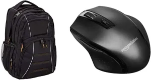 AmazonBasics Laptop Computer Backpack with padded shoulder straps and Organizational compartments (Black) & Ergonomic Wireless Mouse - DPI adjustable - Black