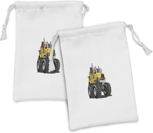 Ambesonne Truck Fabric Pouch Set of 2, Illustration of a Giant Wheeled Monster Truck Mechanic Beast Emergency, Small Drawstring Bag for Toiletries Masks and Favors, 9" x 6", Burgundy Yellow Black