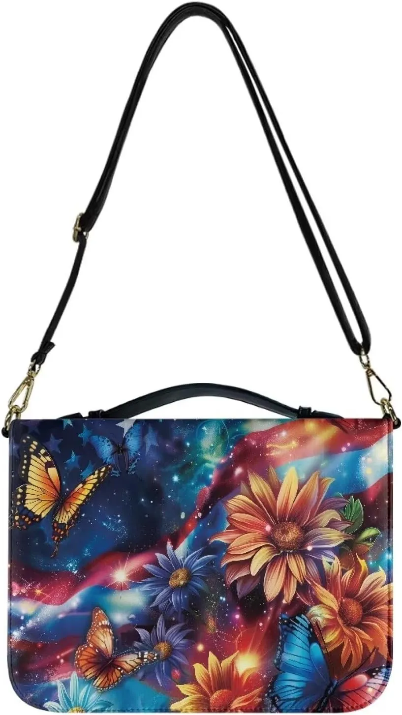 American Flag Bible Bag for Women Leather, Sunflower Bible Carrying Case with Shoulder Strap, Butterfly Bible Cover with Handle, Galaxy Church Bible Bag for Study, Multicolor, L