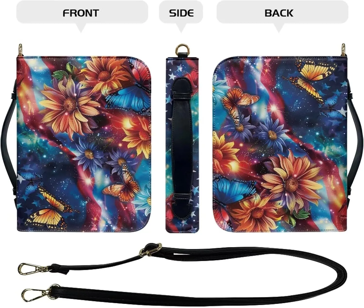 American Flag Bible Bag for Women Leather, Sunflower Bible Carrying Case with Shoulder Strap, Butterfly Bible Cover with Handle, Galaxy Church Bible Bag for Study, Multicolor, L