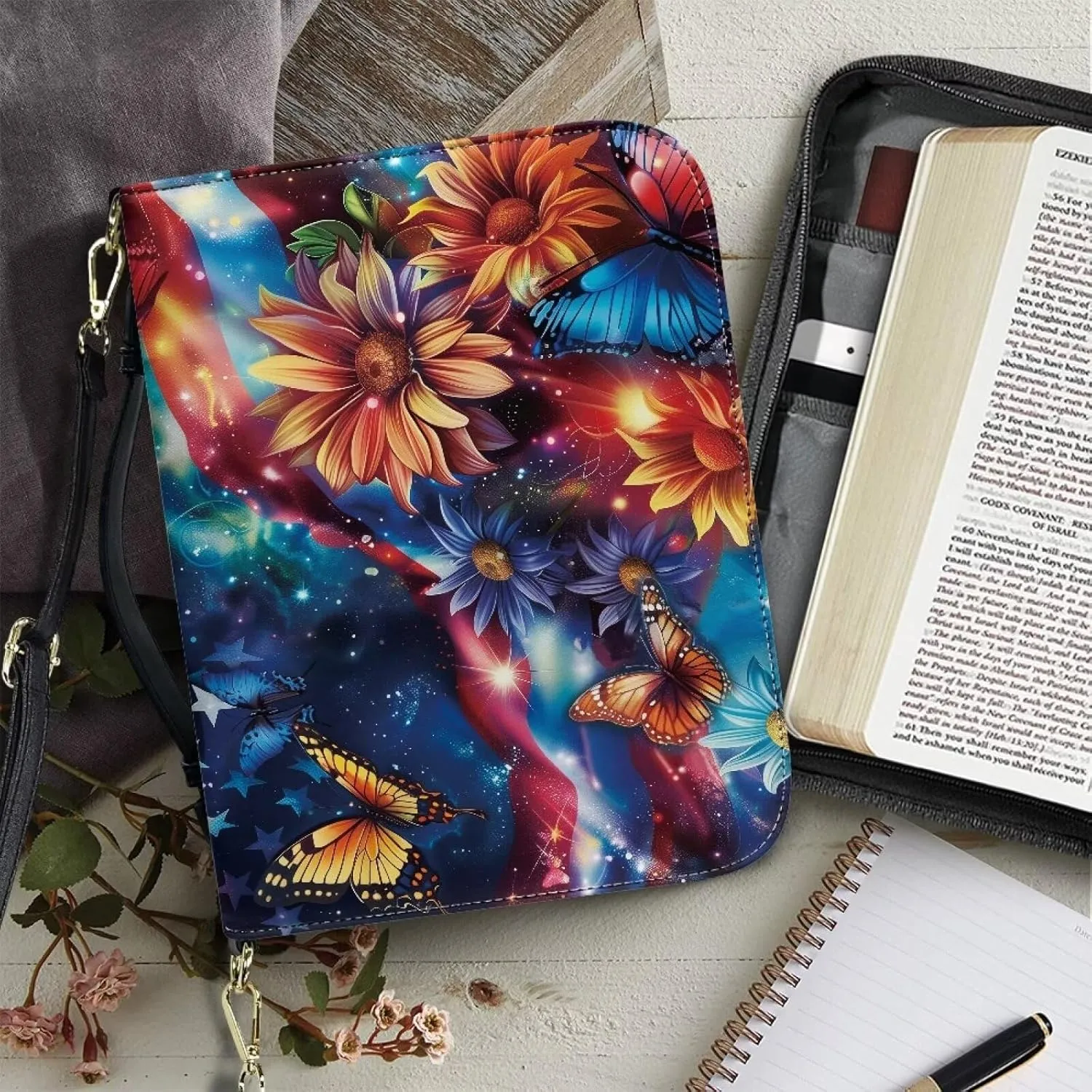 American Flag Bible Bag for Women Leather, Sunflower Bible Carrying Case with Shoulder Strap, Butterfly Bible Cover with Handle, Galaxy Church Bible Bag for Study, Multicolor, L