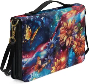 American Flag Bible Bag for Women Leather, Sunflower Bible Carrying Case with Shoulder Strap, Butterfly Bible Cover with Handle, Galaxy Church Bible Bag for Study, Multicolor, L