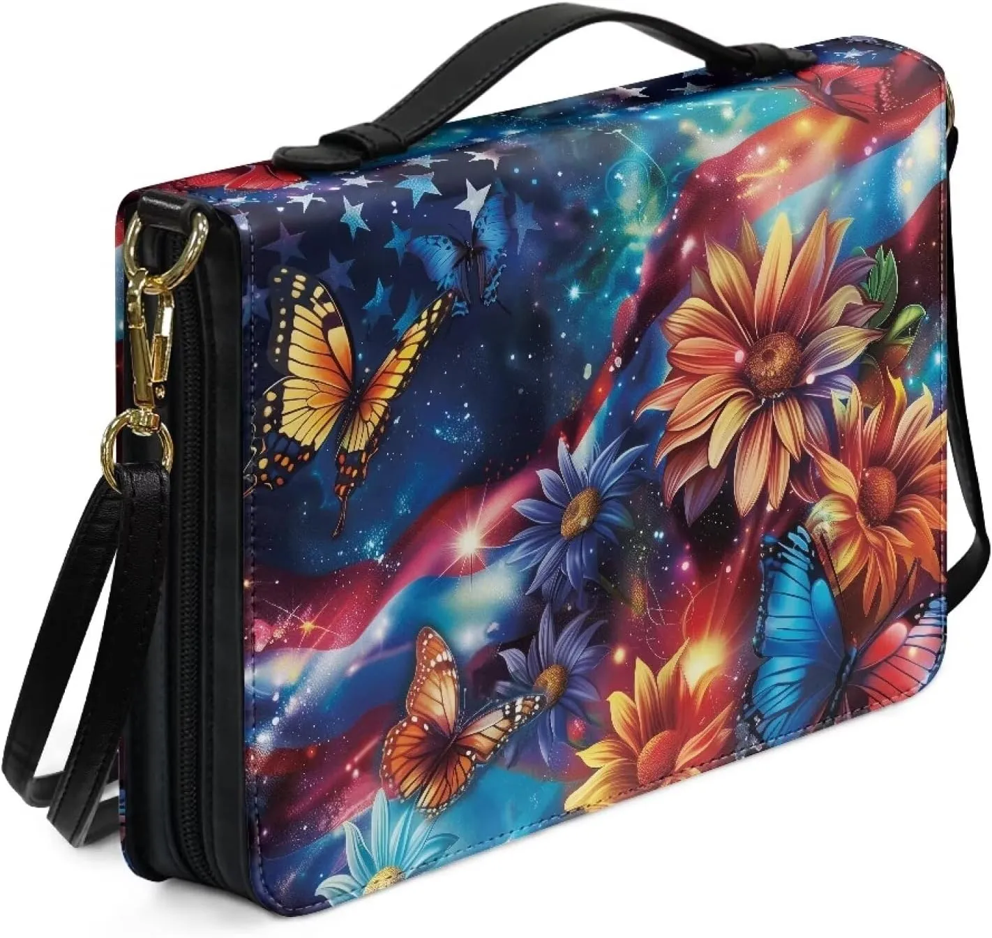 American Flag Bible Bag for Women Leather, Sunflower Bible Carrying Case with Shoulder Strap, Butterfly Bible Cover with Handle, Galaxy Church Bible Bag for Study, Multicolor, L