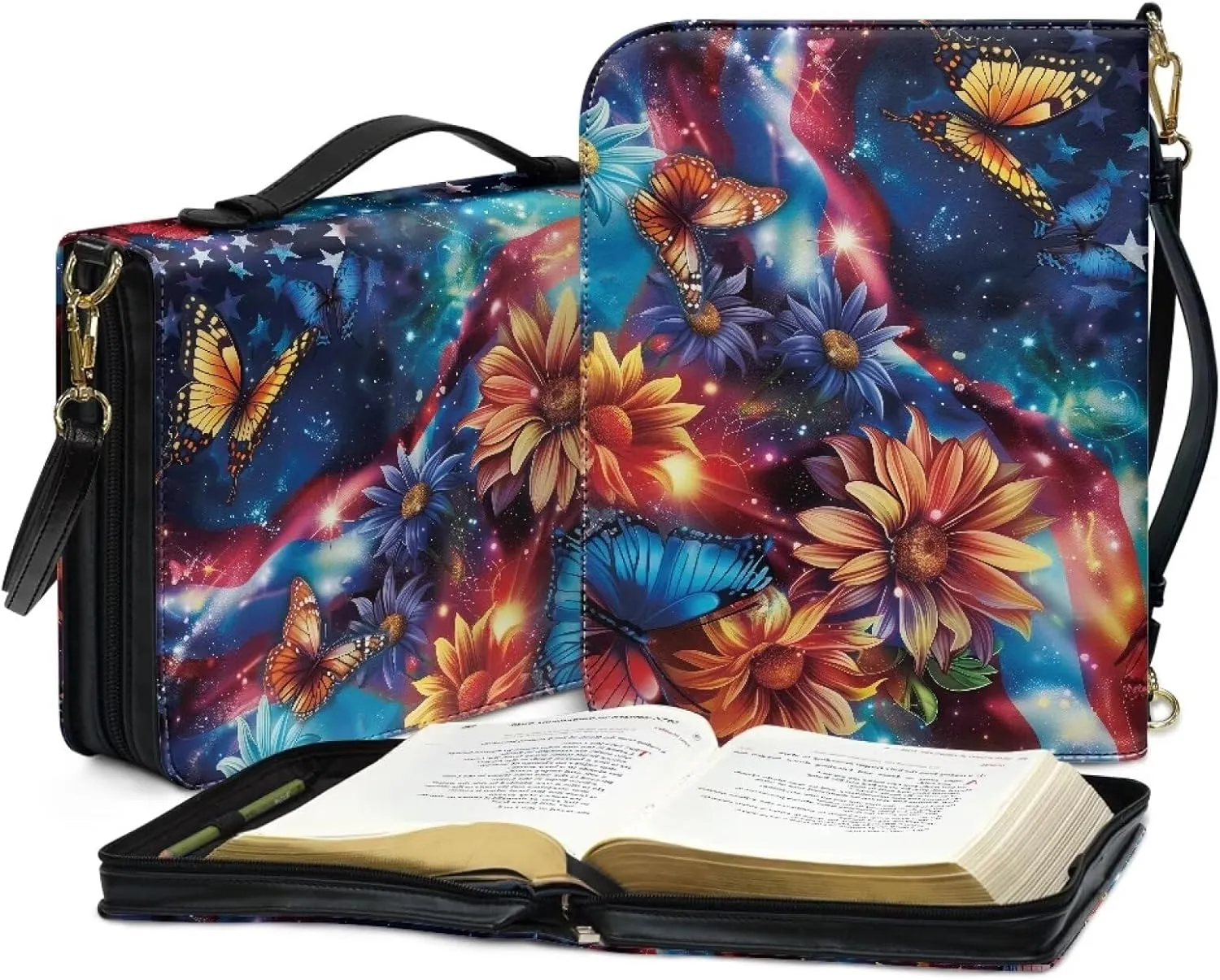 American Flag Bible Bag for Women Leather, Sunflower Bible Carrying Case with Shoulder Strap, Butterfly Bible Cover with Handle, Galaxy Church Bible Bag for Study, Multicolor, L