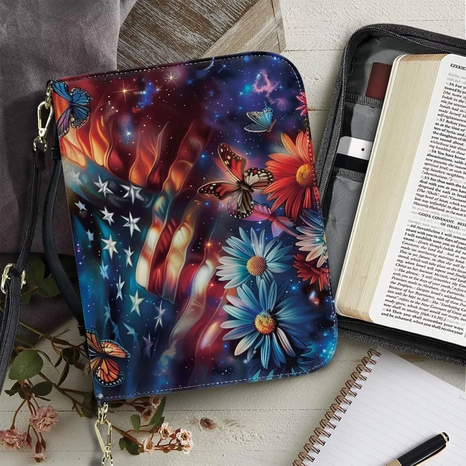 American Flag Bible Case for Women Leather, Dasiy Bible Tote Bag with Shoulder Strap, Butterfly Bible Holder Church Bag for Study, Galaxy Bible Bag with Pen Storage, Multicolor, L