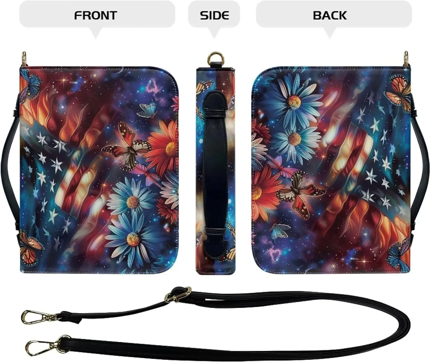 American Flag Bible Case for Women Leather, Dasiy Bible Tote Bag with Shoulder Strap, Butterfly Bible Holder Church Bag for Study, Galaxy Bible Bag with Pen Storage, Multicolor, L