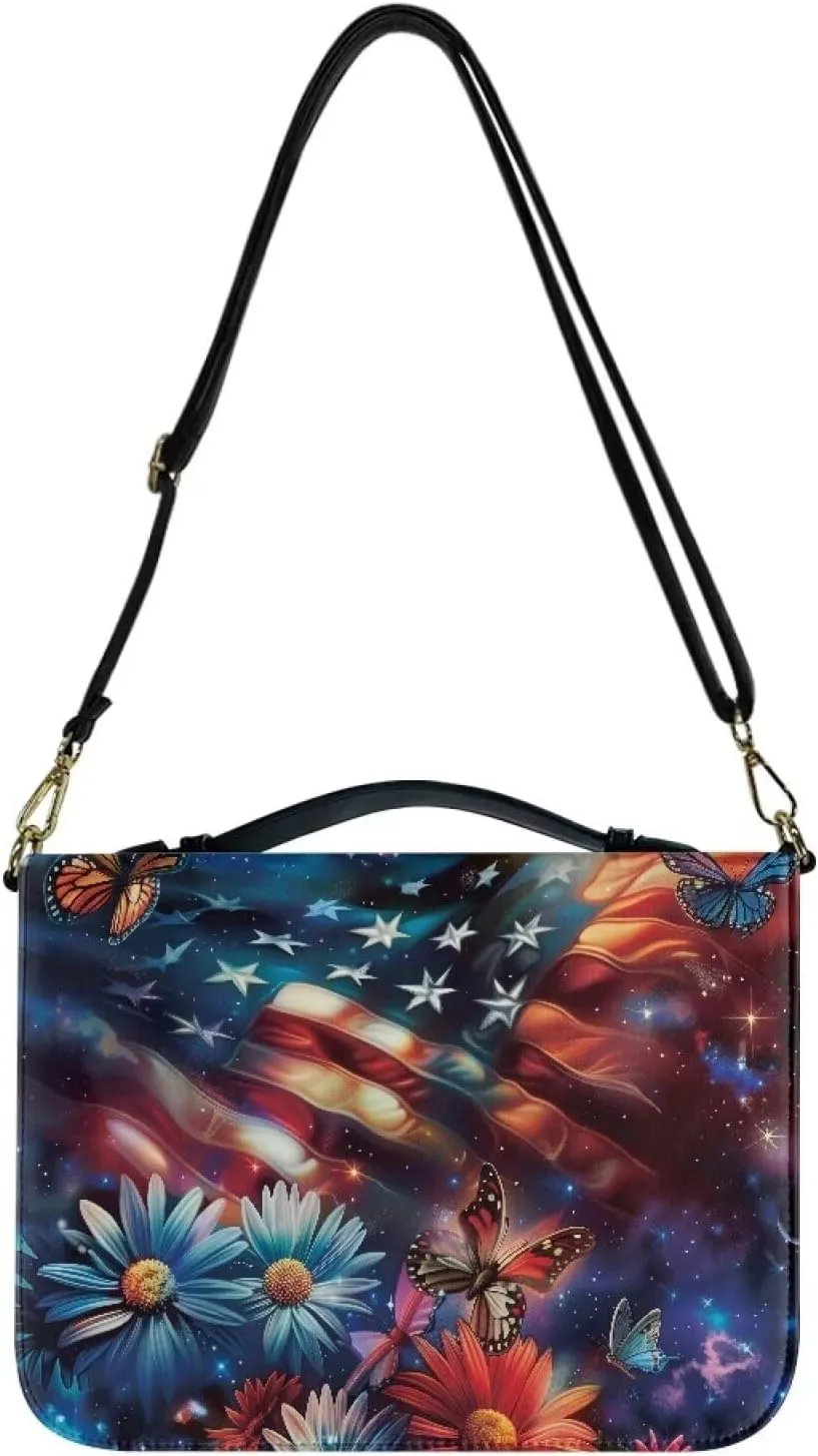 American Flag Bible Case for Women Leather, Dasiy Bible Tote Bag with Shoulder Strap, Butterfly Bible Holder Church Bag for Study, Galaxy Bible Bag with Pen Storage, Multicolor, L