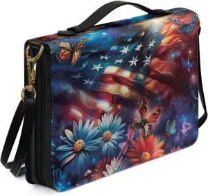 American Flag Bible Case for Women Leather, Dasiy Bible Tote Bag with Shoulder Strap, Butterfly Bible Holder Church Bag for Study, Galaxy Bible Bag with Pen Storage, Multicolor, L