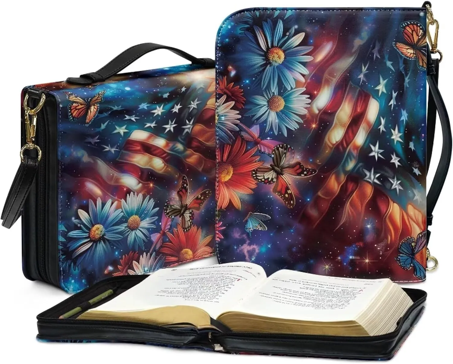 American Flag Bible Case for Women Leather, Dasiy Bible Tote Bag with Shoulder Strap, Butterfly Bible Holder Church Bag for Study, Galaxy Bible Bag with Pen Storage, Multicolor, L