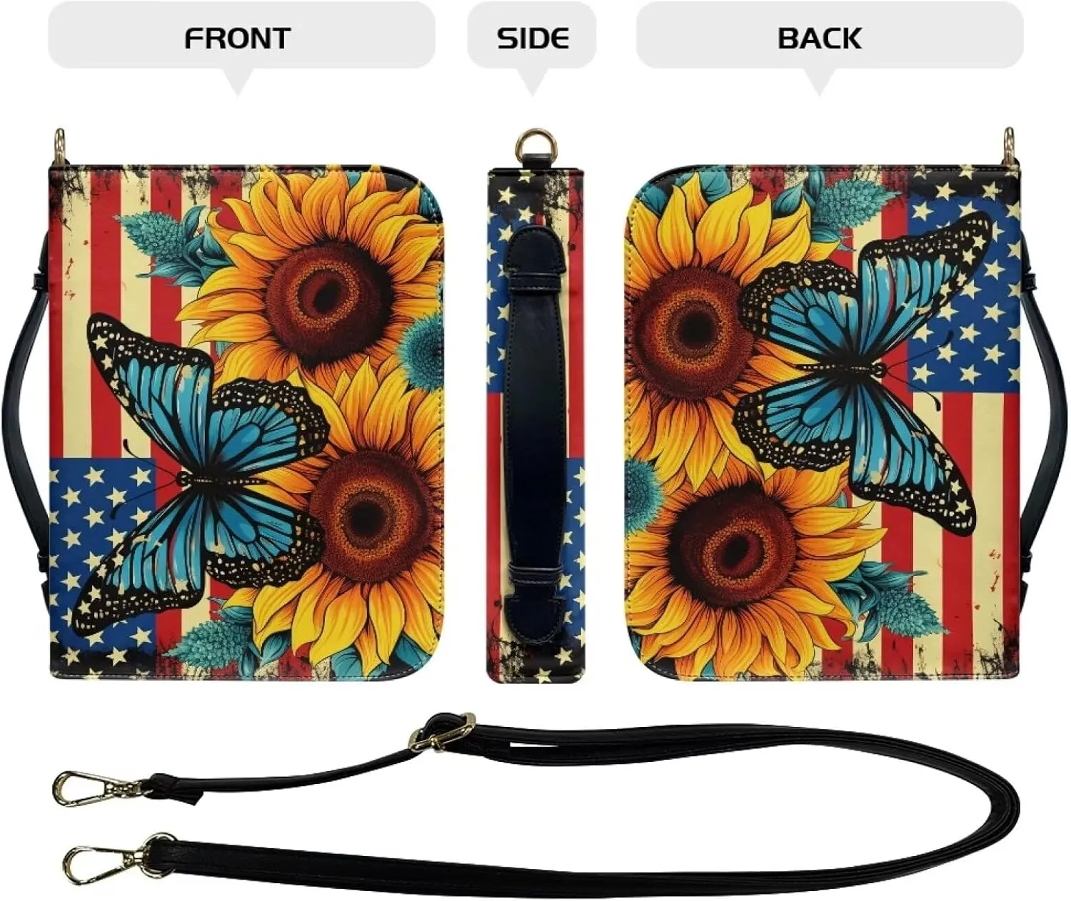 American Flag Sunflower Bible Covers for Women, Butterfly Bible Bag Washable Bible Book Cover with Detachable Shoulder Strap, Bible Cover Case Bible Accessories, Multicolor, XL