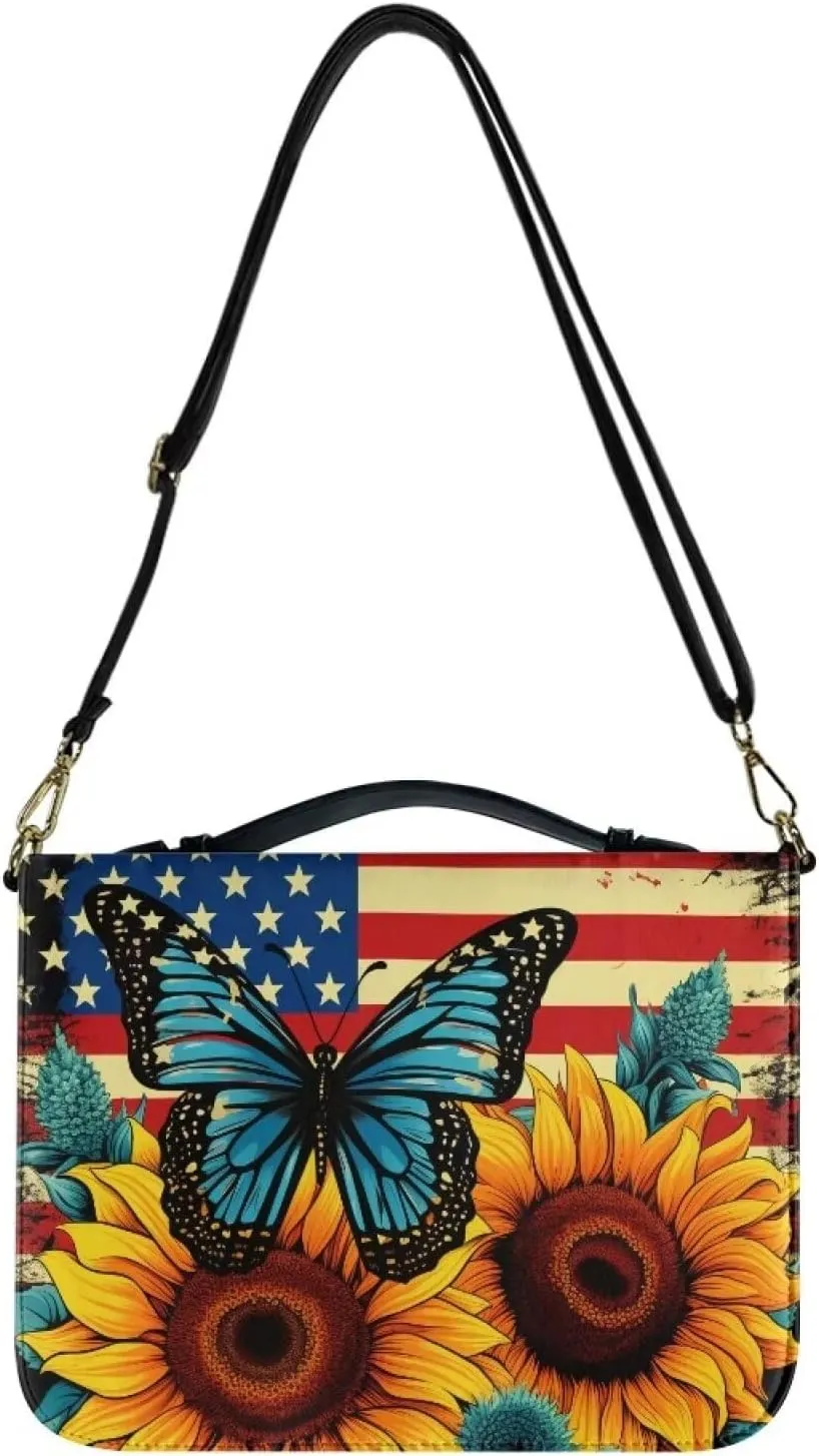 American Flag Sunflower Bible Covers for Women, Butterfly Bible Bag Washable Bible Book Cover with Detachable Shoulder Strap, Bible Cover Case Bible Accessories, Multicolor, XL