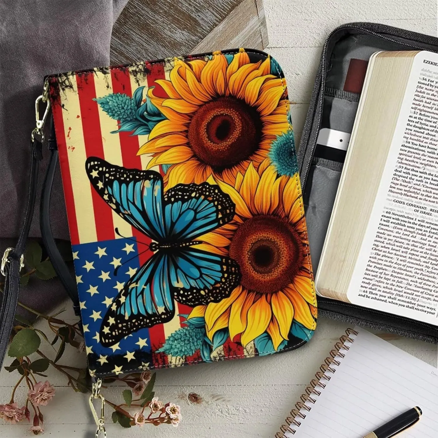 American Flag Sunflower Bible Covers for Women, Butterfly Bible Bag Washable Bible Book Cover with Detachable Shoulder Strap, Bible Cover Case Bible Accessories, Multicolor, XL