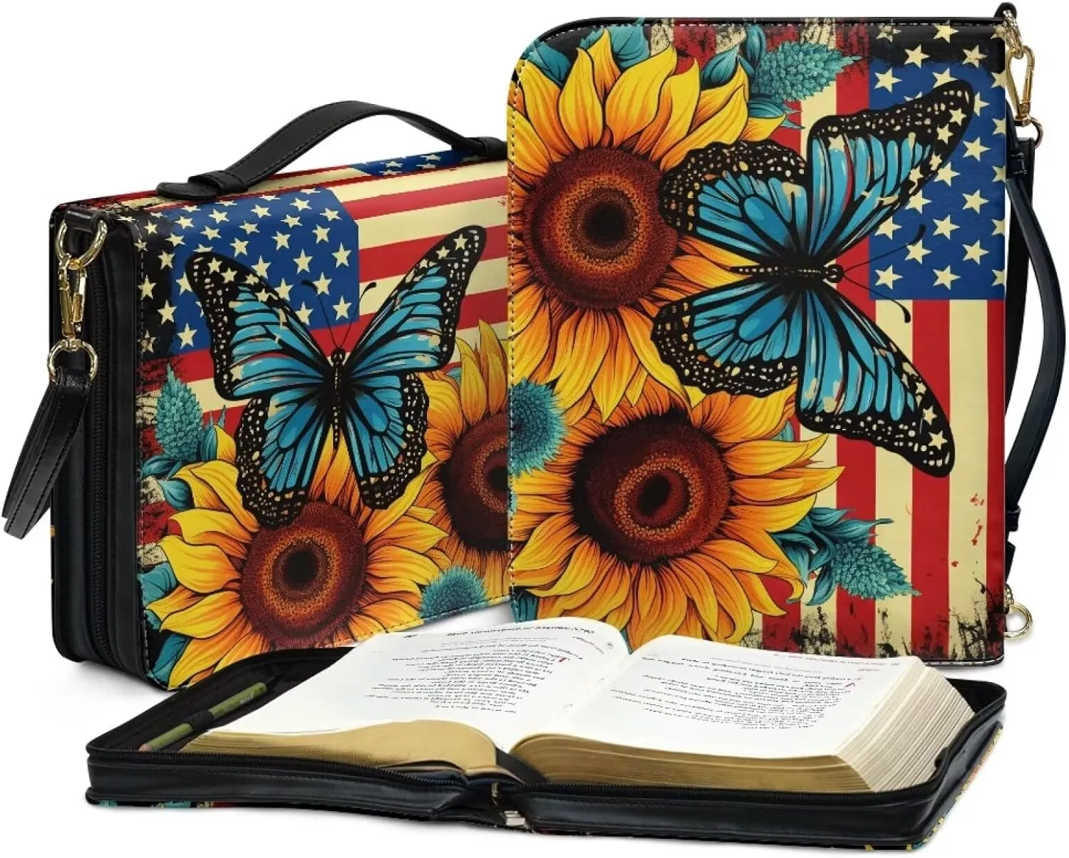American Flag Sunflower Bible Covers for Women, Butterfly Bible Bag Washable Bible Book Cover with Detachable Shoulder Strap, Bible Cover Case Bible Accessories, Multicolor, XL