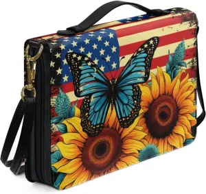 American Flag Sunflower Bible Covers for Women, Butterfly Bible Bag Washable Bible Book Cover with Detachable Shoulder Strap, Bible Cover Case Bible Accessories, Multicolor, XL