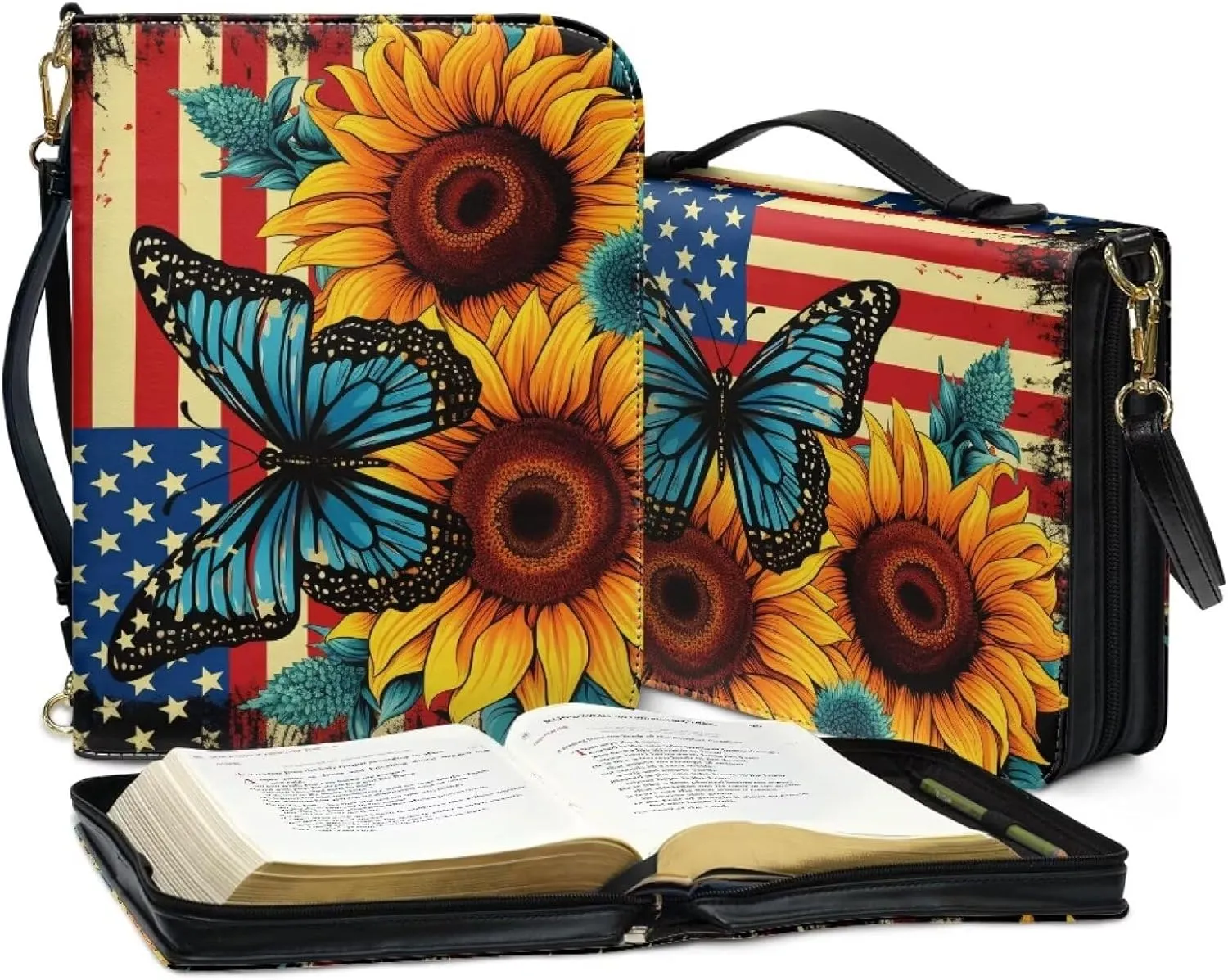 American Flag Sunflower Bible Covers for Women, Butterfly Bible Bag Washable Bible Book Cover with Detachable Shoulder Strap, Bible Cover Case Bible Accessories, Multicolor, XL