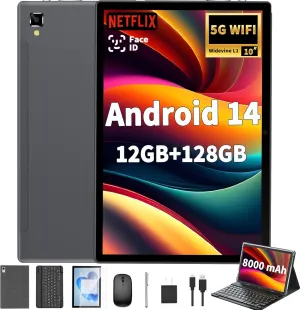 Android 14 Tablet with Keyboard - 10 inch Tablet, 12GB RAM, 128GB ROM (1TB Expand), 5G/2.4G WiFi, 8000mAh, BT 5.0, GMS Certified, with Mouse, Case, Stylus, Support Split screen, Face ID(Silver)