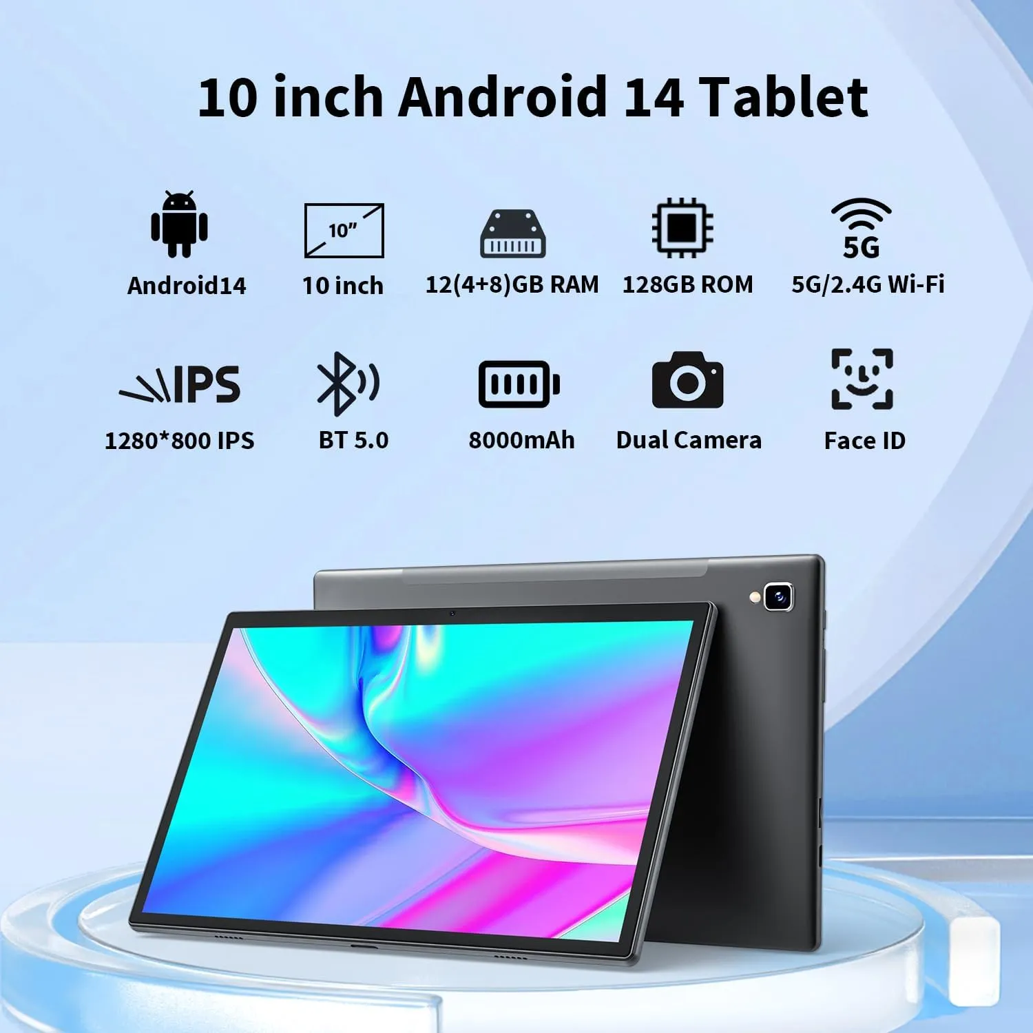 Android 14 Tablet with Keyboard - 10 inch Tablet, 12GB RAM, 128GB ROM (1TB Expand), 5G/2.4G WiFi, 8000mAh, BT 5.0, GMS Certified, with Mouse, Case, Stylus, Support Split screen, Face ID(Silver)
