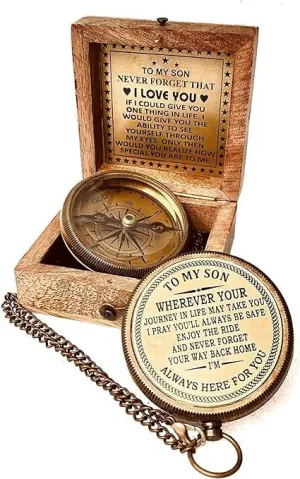 Antique Brass Compass 2 Inch " To My Son " Poem Engraved Comnpass With Wooden Box For Travelling Camping & Navigation Tool