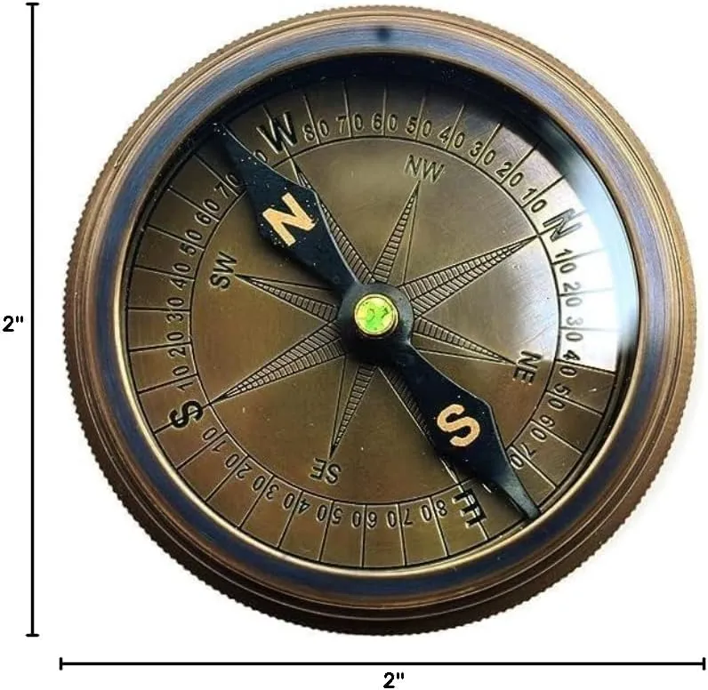 Antique Brass Compass with Leather Case 2 Inch Push Button Open Pocket Compass for Hiking Travelling & Navigation Tool