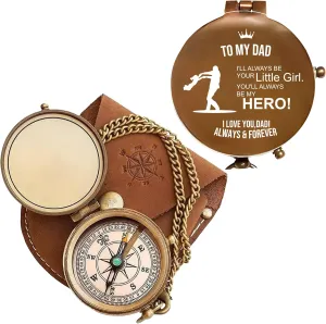 Antique Brass Engraved Compass with Leather Case – Personalized Pocket Compass for to My Dad – Vintage Nautical Gift for Anniversary, and Outdoor Adventures (Antique My Dad-4)