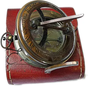 Antique Nautical Brass Sundial Compass with Leather Box Handmade Gold Finish Brass Sundial Navigational Directional Compass Tool for Hiking Trekking Travelling by ERA Traders