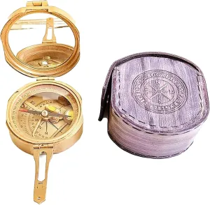 Antique Nautical Engraved Brass Compass with Grey Leather Case Directional Maritime Navigational Pocket Compass Tool for Hiking Trekking Travelling & Camping by NOBLE METAL STORE