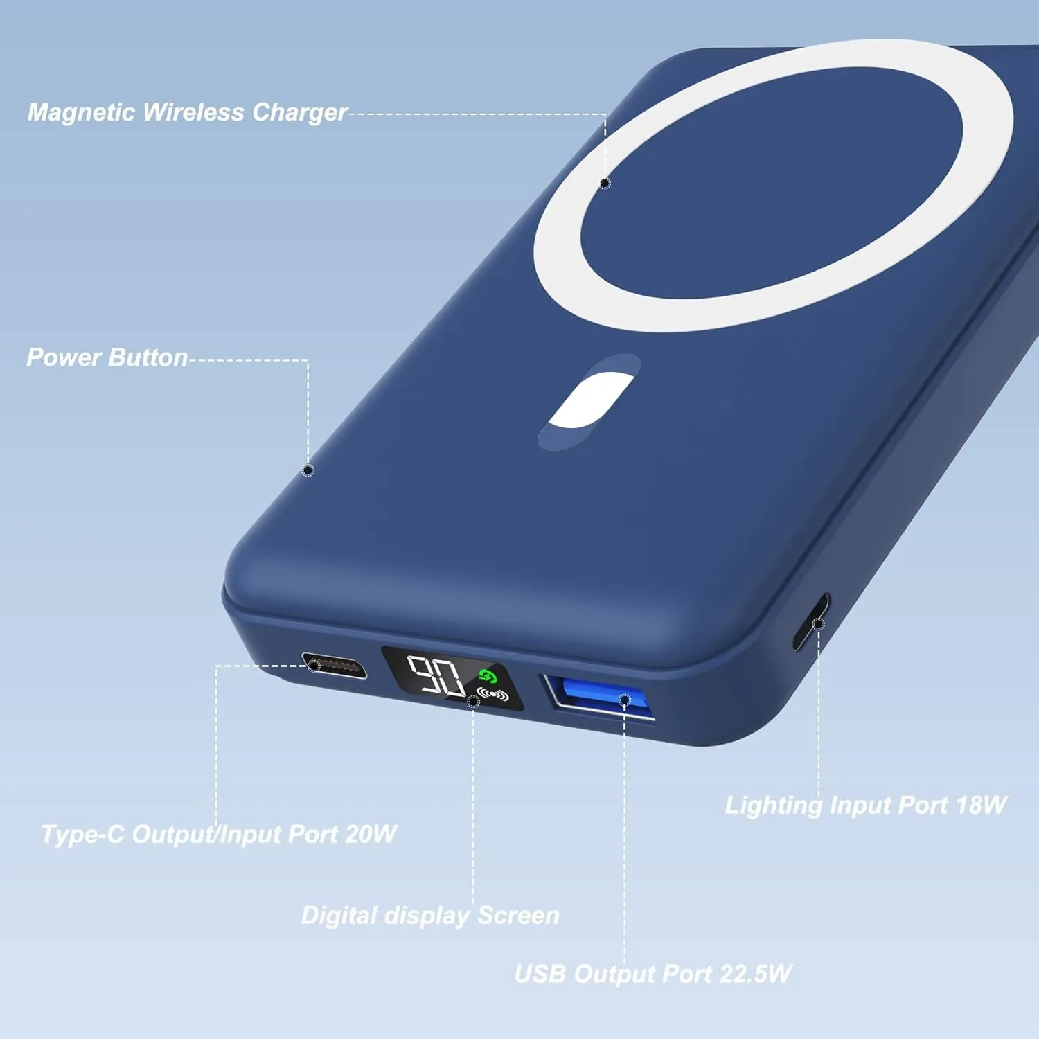 AOGUERBE Magnetic Power Bank, 10000mAh Foldable Wireless Portable Charger with USB-C Cable LED Display, for Mag-Safe Battery Pack 22.5W PD Fast Charging for iPhone 16/15/14/13/12 Pro/Pro Max/Plus/Mini
